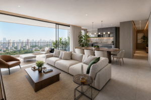 Sala integrada de apartamento contemporâneo em anúncio fictício