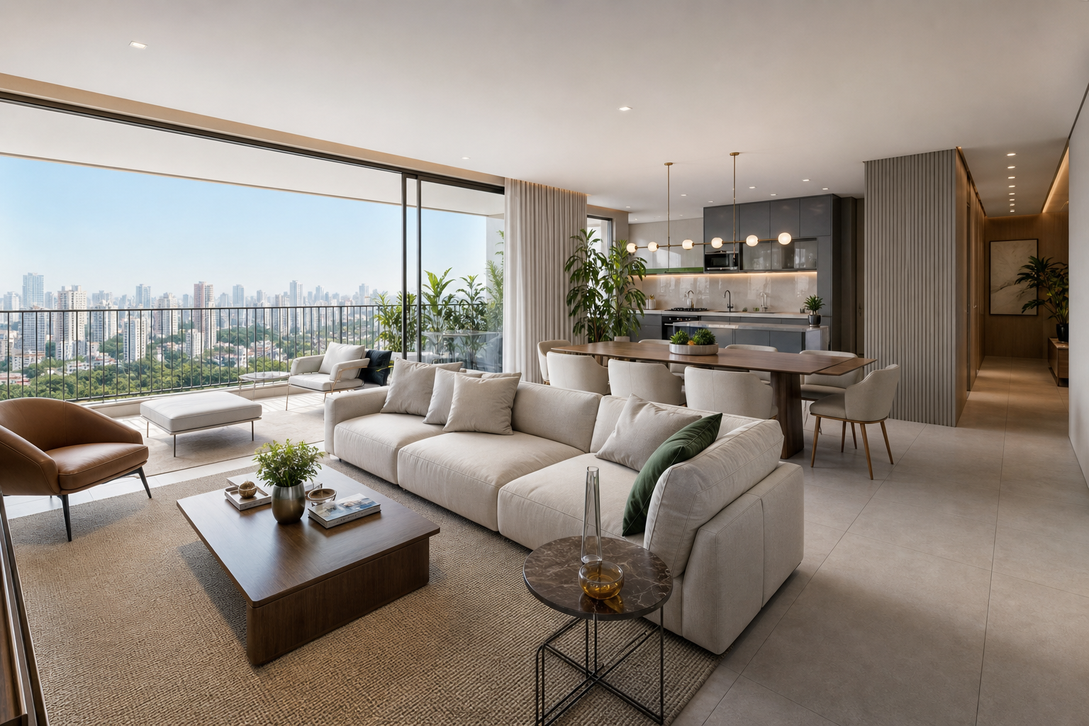 Sala integrada de apartamento contemporâneo em anúncio fictício
