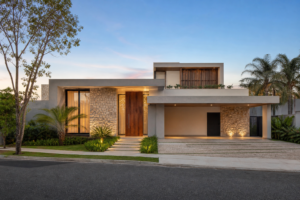 Fachada de casa contemporânea usada em anúncio imobiliário fictício