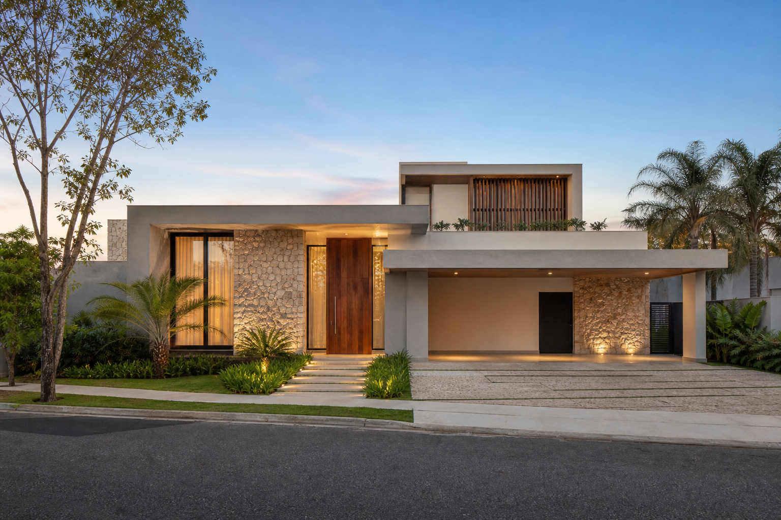 Fachada de casa contemporânea usada em anúncio imobiliário fictício