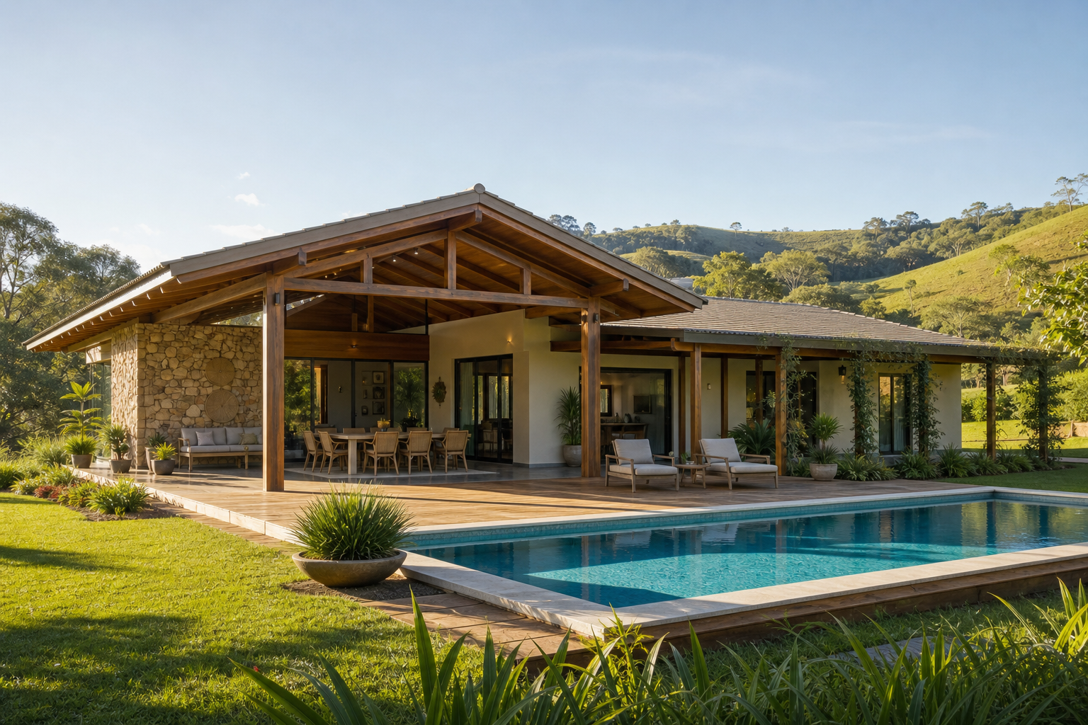 Casa de campo com piscina usada em anúncio imobiliário fictício